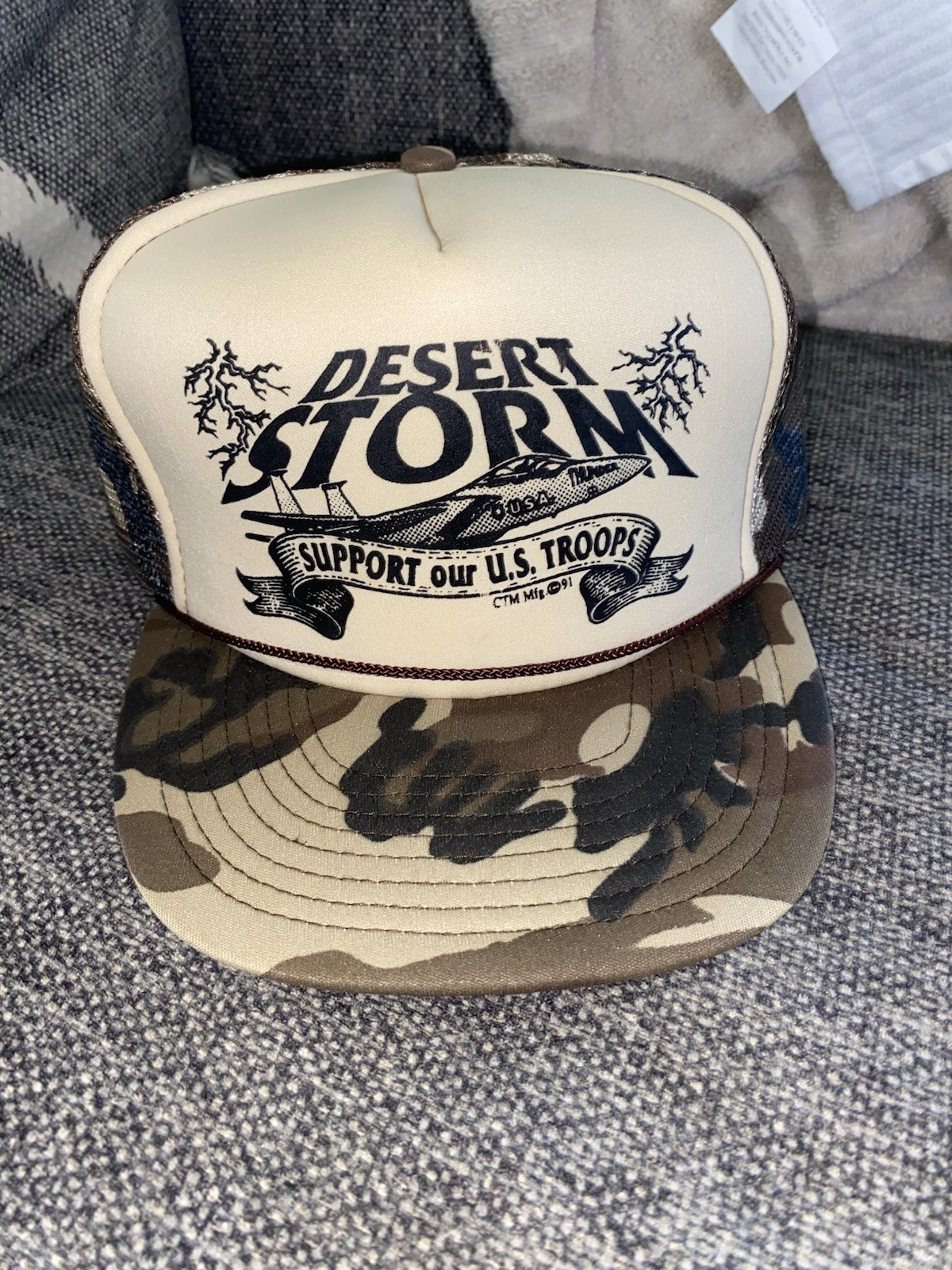 Vintage 1991 Desert Storm US Troops Hat Cap Camo Mesh Snapback