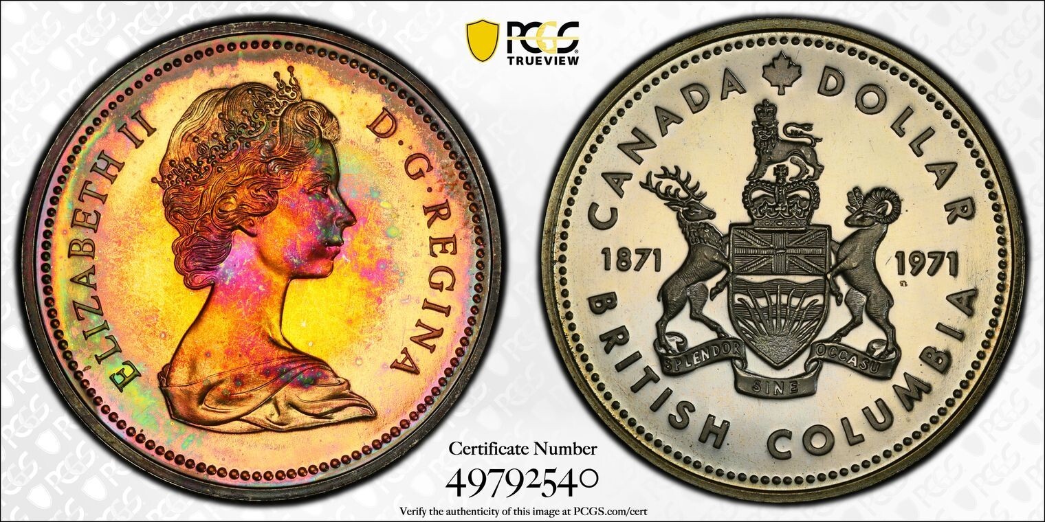 SP67 1971 $1 Canada Silver BC Commem Dollar, PCGS Trueview- Vivid Rainbow Toned