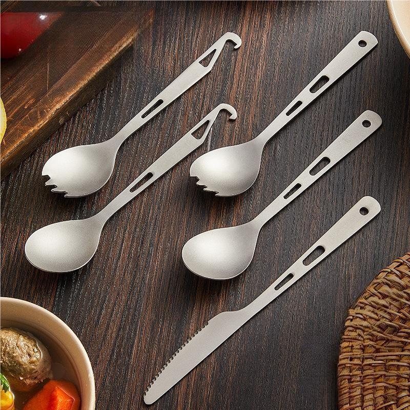 2PCS Pure Titanium Spoon Knife Spork Bottle Opener Camping Tableware Lightweight