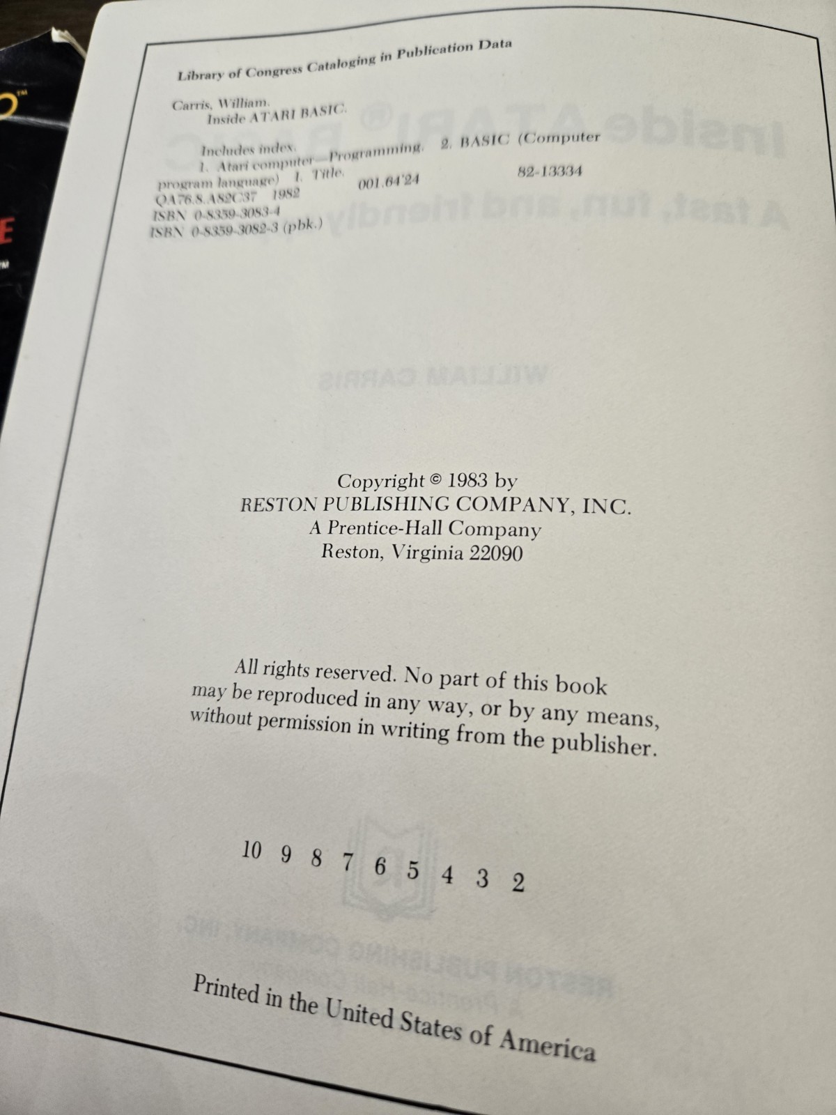 Inside Atari Basic By Bill Carris Manual 1983