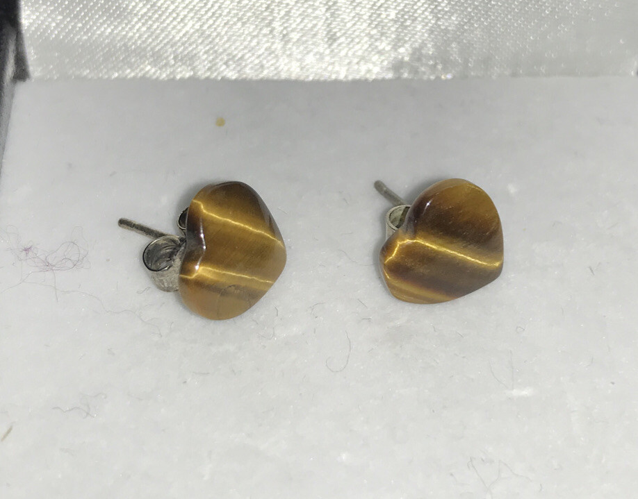 Vintage Sterling Silver 10mm Brown Tigers Eye Heart Stud Earrings Butterfly