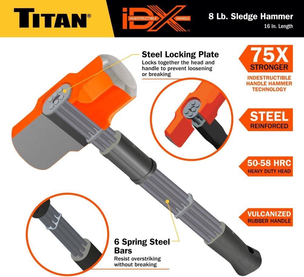 Titan iDX 63618 8lb Sledge Hammer with 16" Indestructible Handle Reinforced
