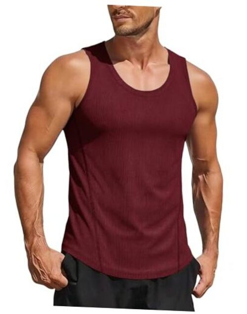 Men's Casual Tank Tops Fitness Muscle Gym Ribbed Workout Sleeveless Small Red