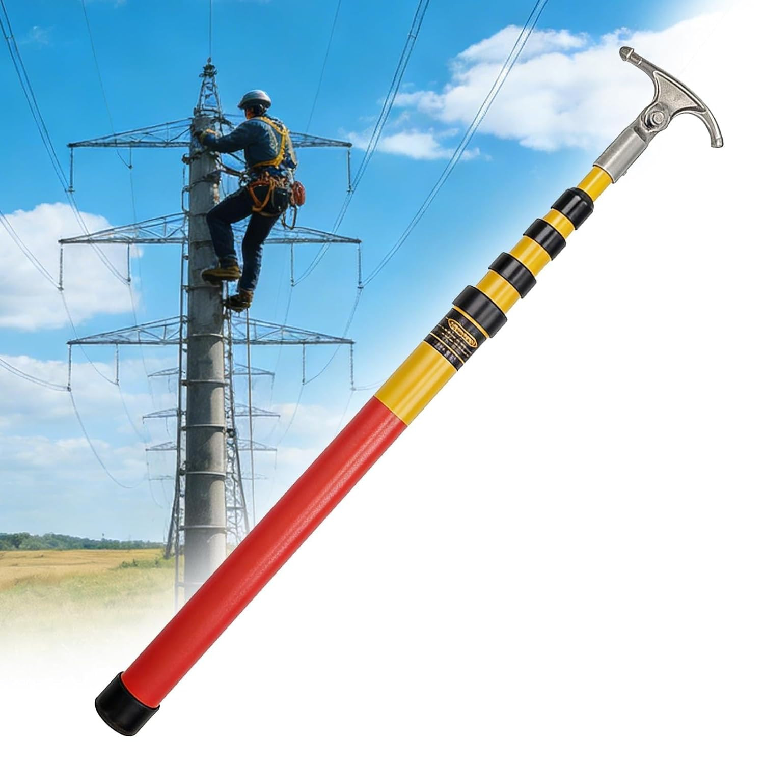 13.1FT Telescopic Hot Stick & Utility Hook ASTM F711 35kV Insulated for Lineman