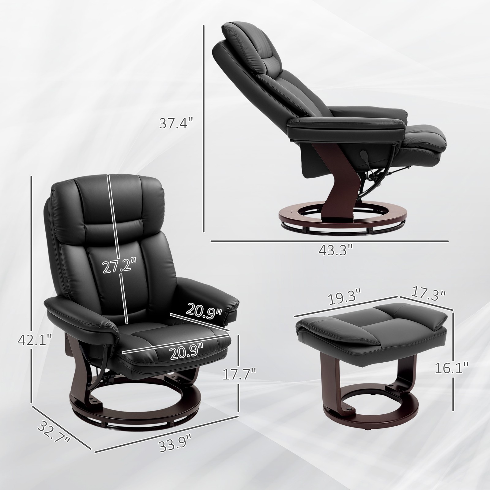 HOMCOM PU Leather Recliner with Ottoman, Swivel Reclining Chair, Black