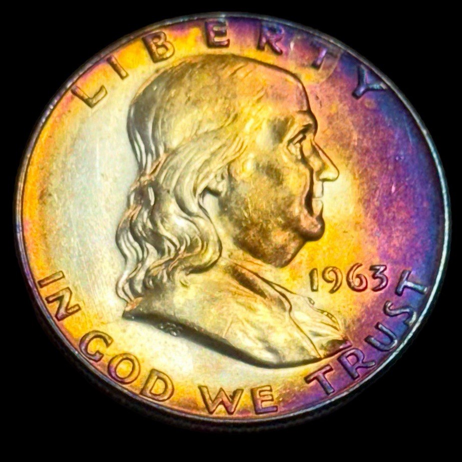 Uncirculated Franklin Half Dollar 1963 D 90% Silver Monster Rainbow Toning