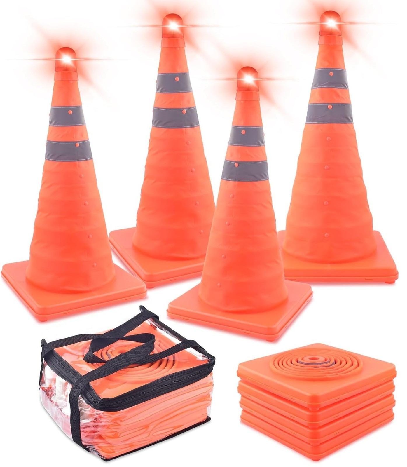 4 Pack 18 inch Collapsible Traffic Cones with Bag, Safety Cones with 4 LED Sa...