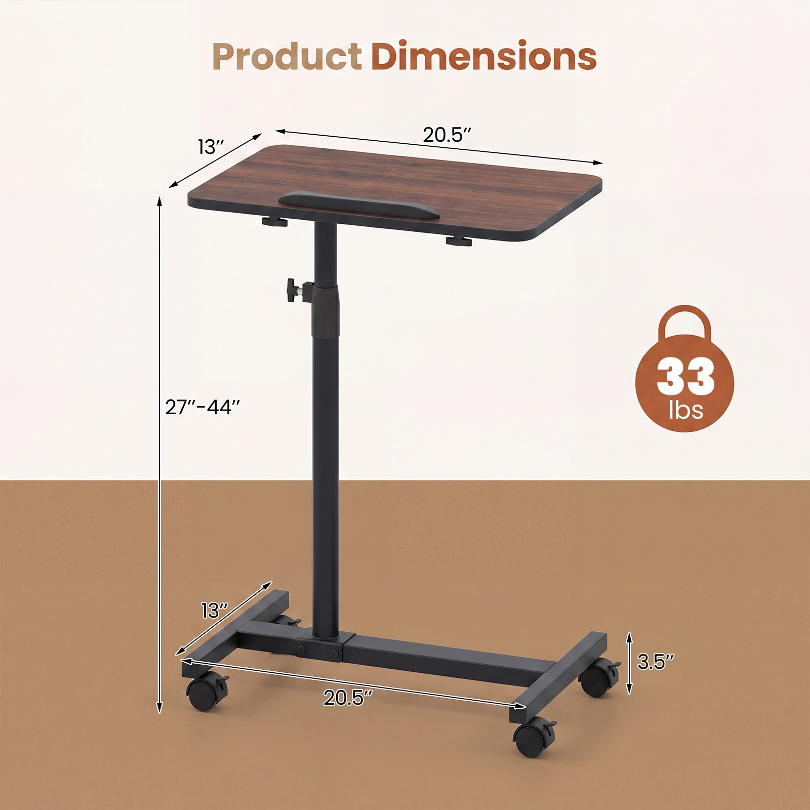 Overbed Table w/Lockable Wheels, Adjustable Height, 360° Swivel for Small Spaces