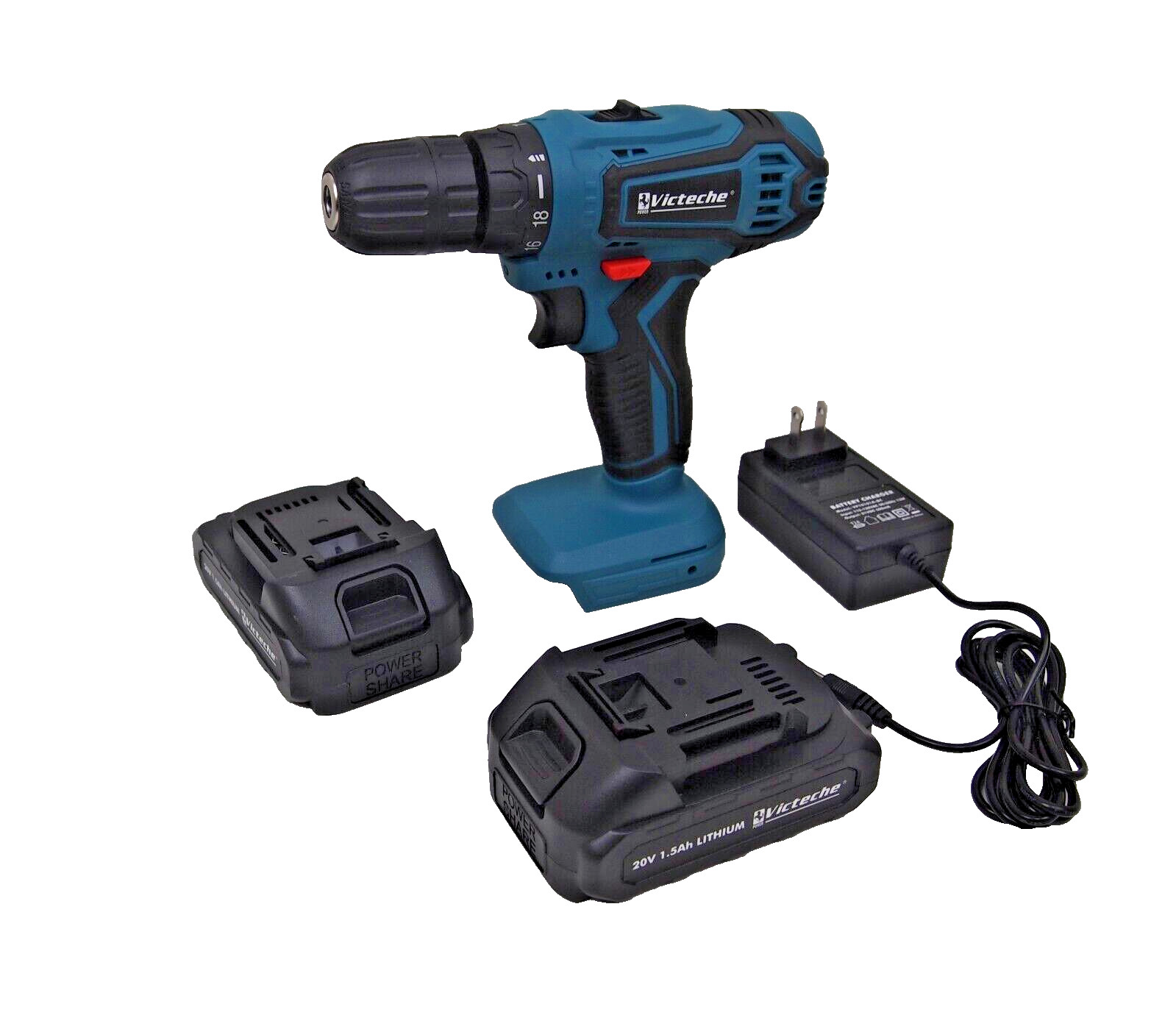 Victeche 20V Cordless Drill Driver Kit LEDs with 2-20v Lithium Batteries 2 speed
