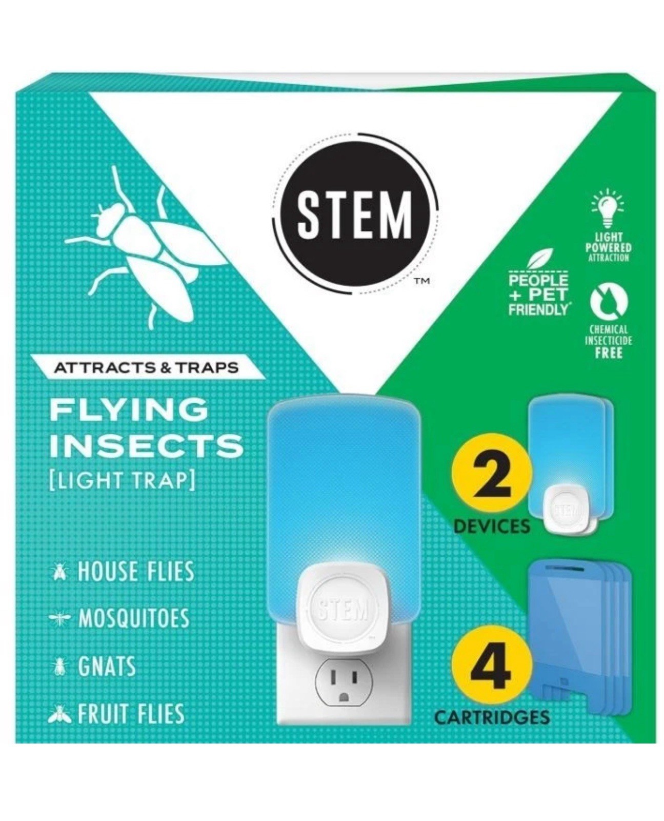 STEM Indoor Fruit Fly  Light Trap 2 Pack Plug Ins + 4 Cartridge Starter Kit, NEW