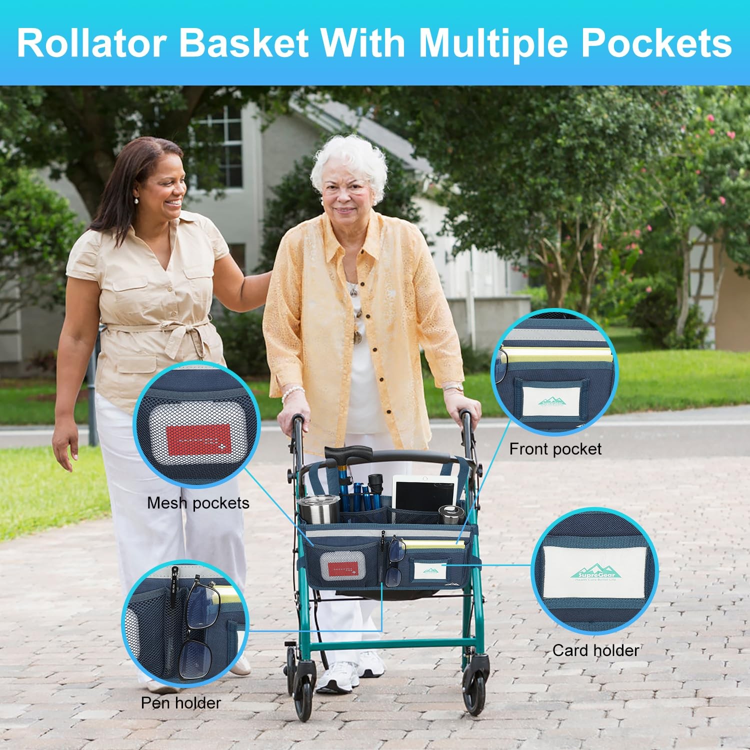 Supregear Rollator Basket Rollator Walker Bag with Cup Holder Foldable Rolling W