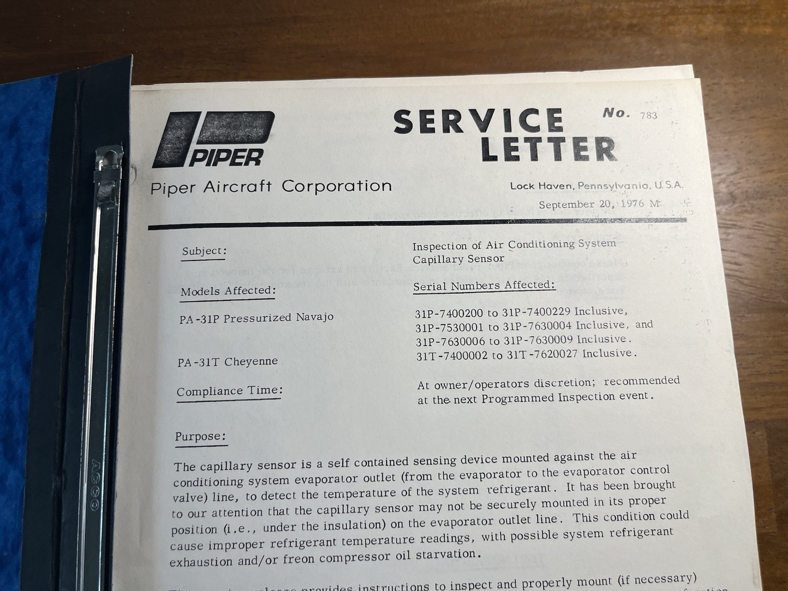 PIPER Bulletins Service Letters and Service Aids Manual, Thick  , Heavy 1970's