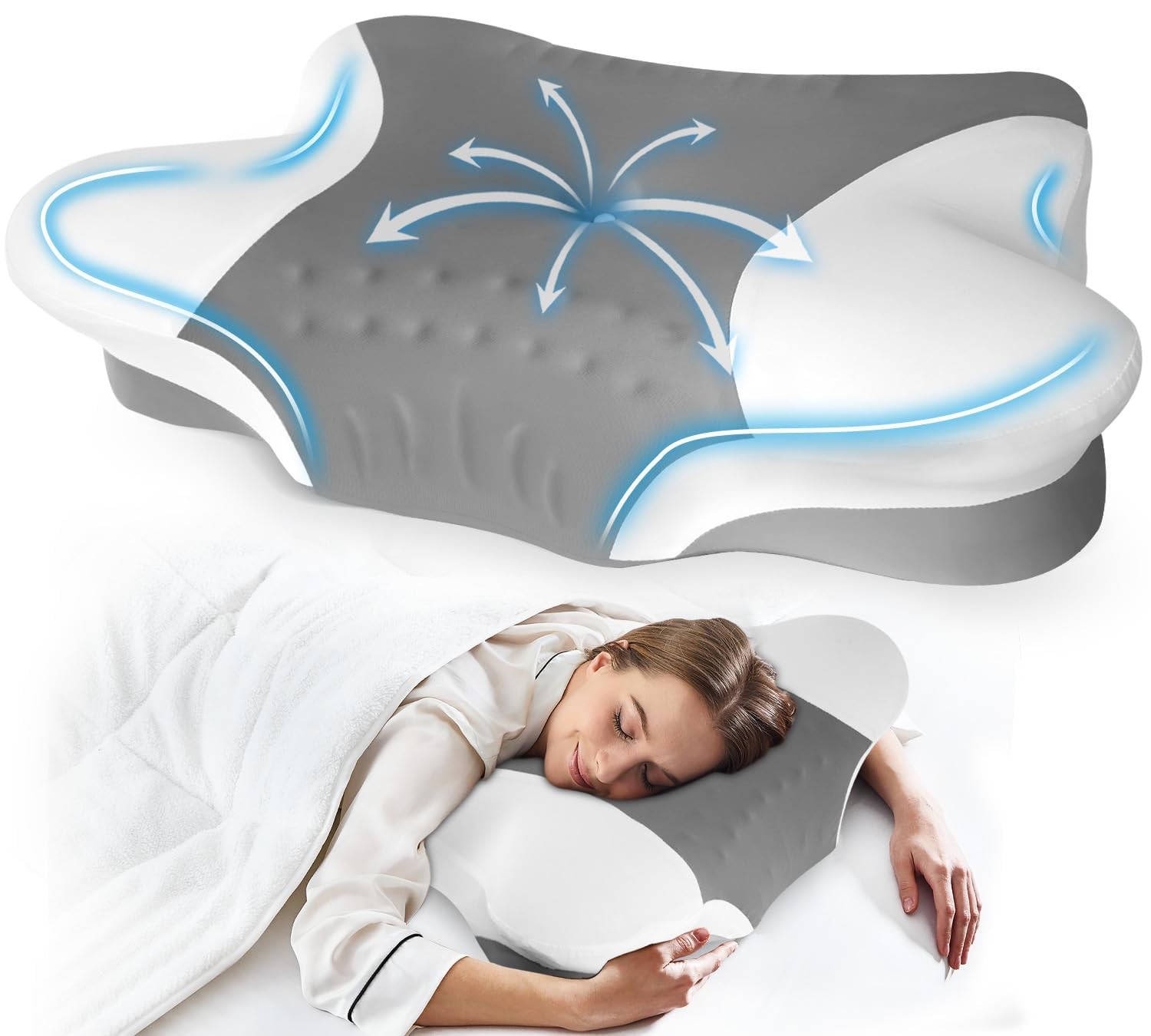 Orthopedic Neck Pillow, Memory Foam Contour, Sleep Pain Relief, Grey