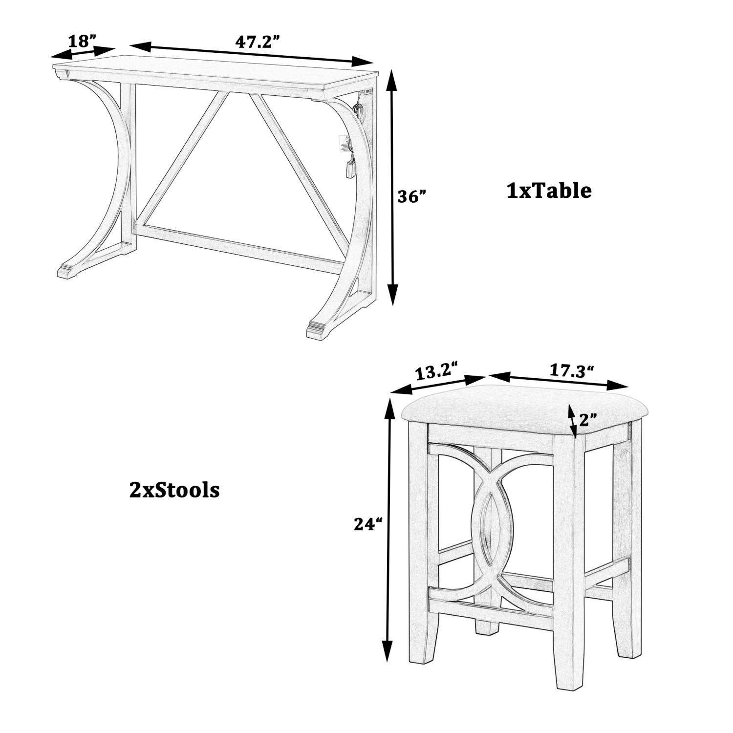 Rustic 3 Piece Counter Height Table Set Small Spaces w/ 2 Bar Stools & USB Port