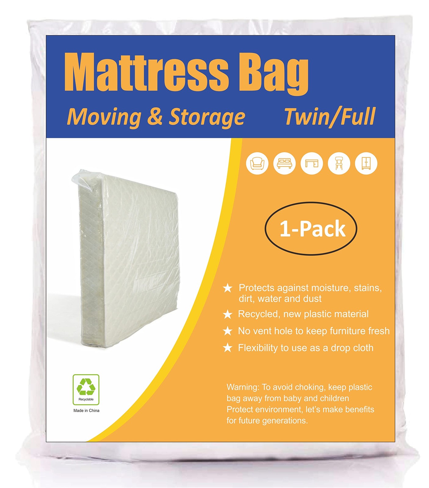 ComfortHome Mattress Bag for Moving and Storage, Twin/Full (1-Pack), Clear