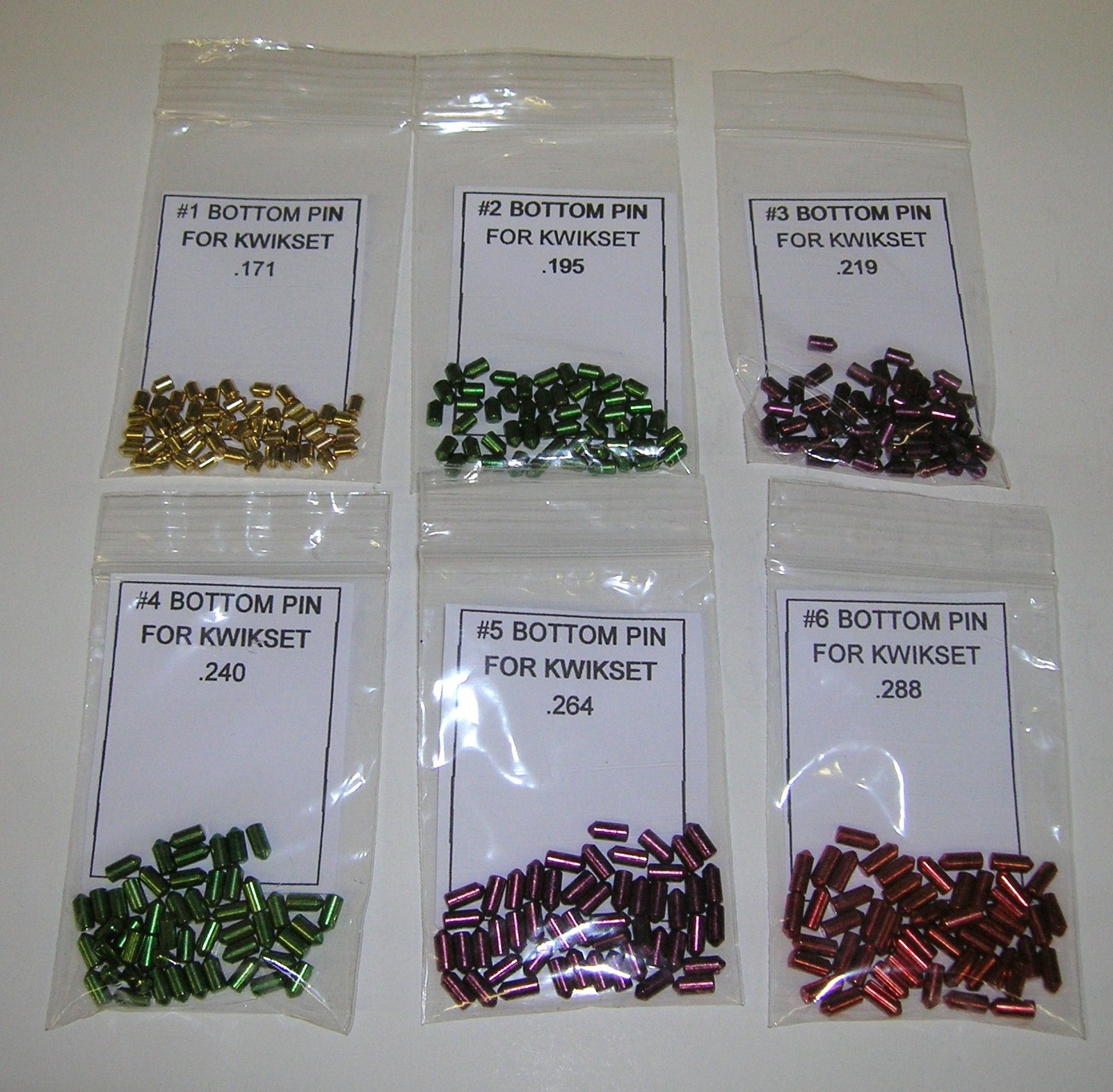 Bottom Pin Refill Packs for Kwikset Lock Rekey Kit. Contains 50 pins each size