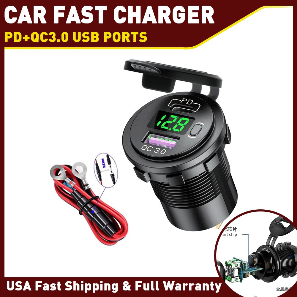 PD QC3.0 Car USB Fast Charger Socket Power Outlet LED Voltmeter Waterproof Green