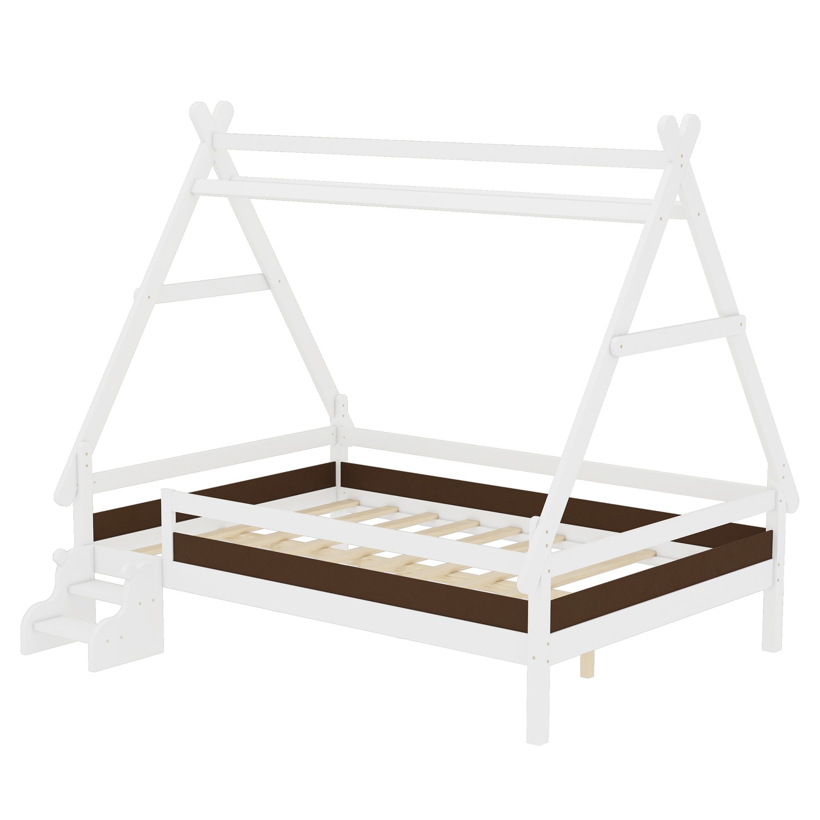 Full House Platform Bed with Stairs, Solid Wood Frame, White