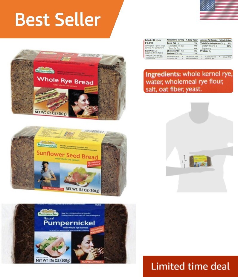 Gourmet High Fiber Bread Set - Whole Rye, Pumpernickel & Sunflower Seed, 52.8 Oz