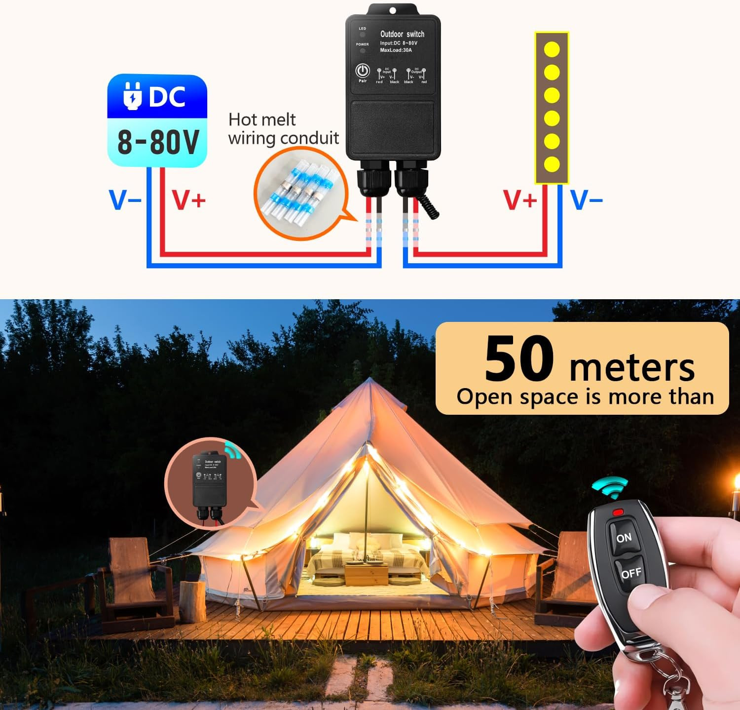 Waterproof 12V Wireless Remote Control Switch DC 8V-80V Heavy-Duty 30A