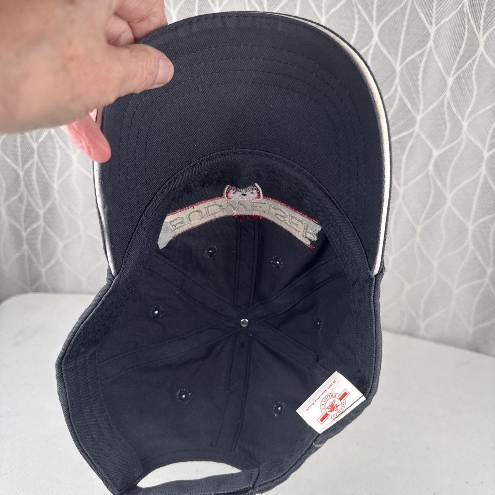 BUDWEISER White Red Shield Logo on Navy Hat Cap Cotton Hook Loop White Bill Edge