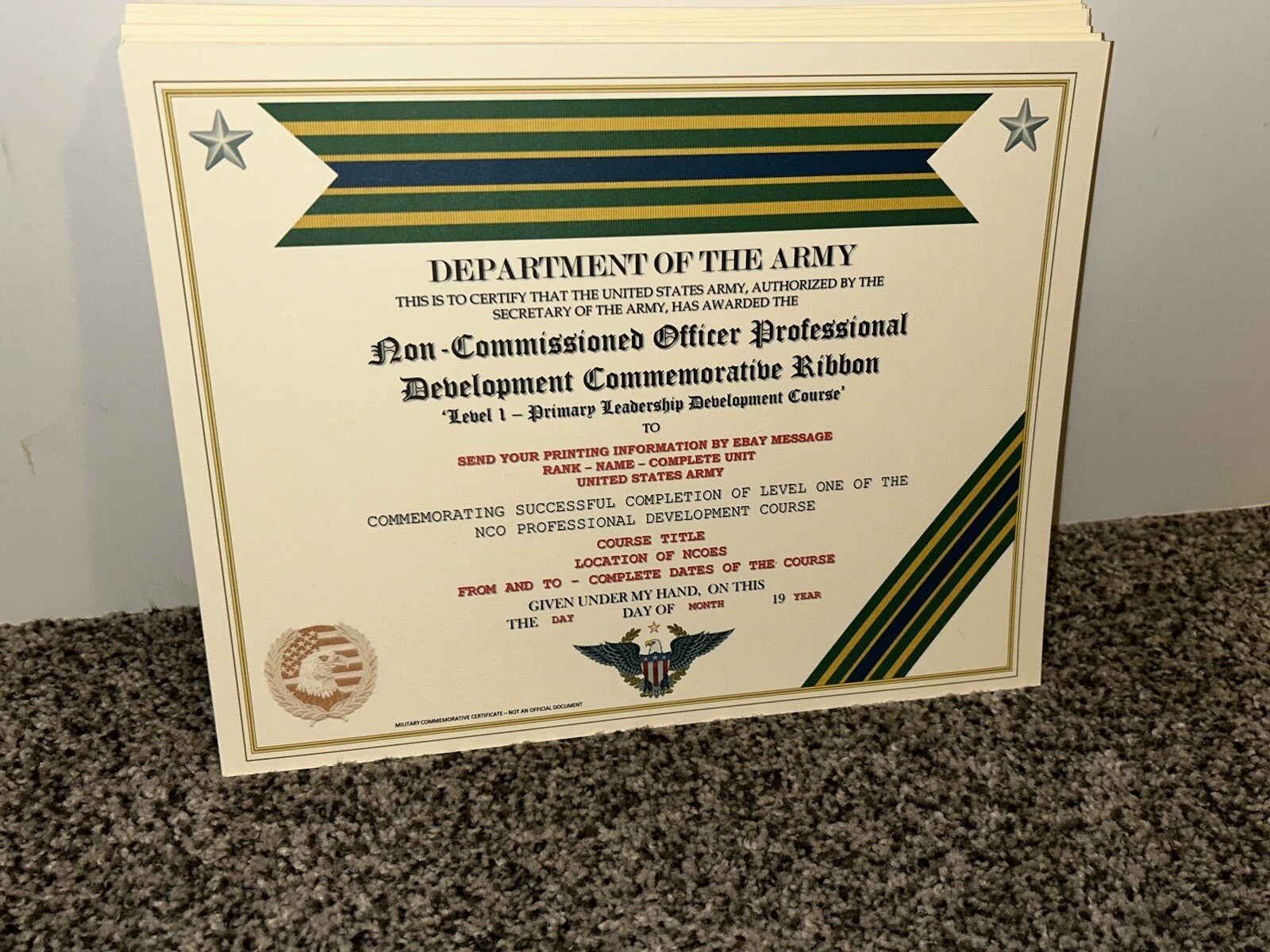 ARMY NCO PROFESSIONAL DEVELOPMENT COMMEMORATIVE CERTIFICATE ~ W/PRINTING TYPE-1