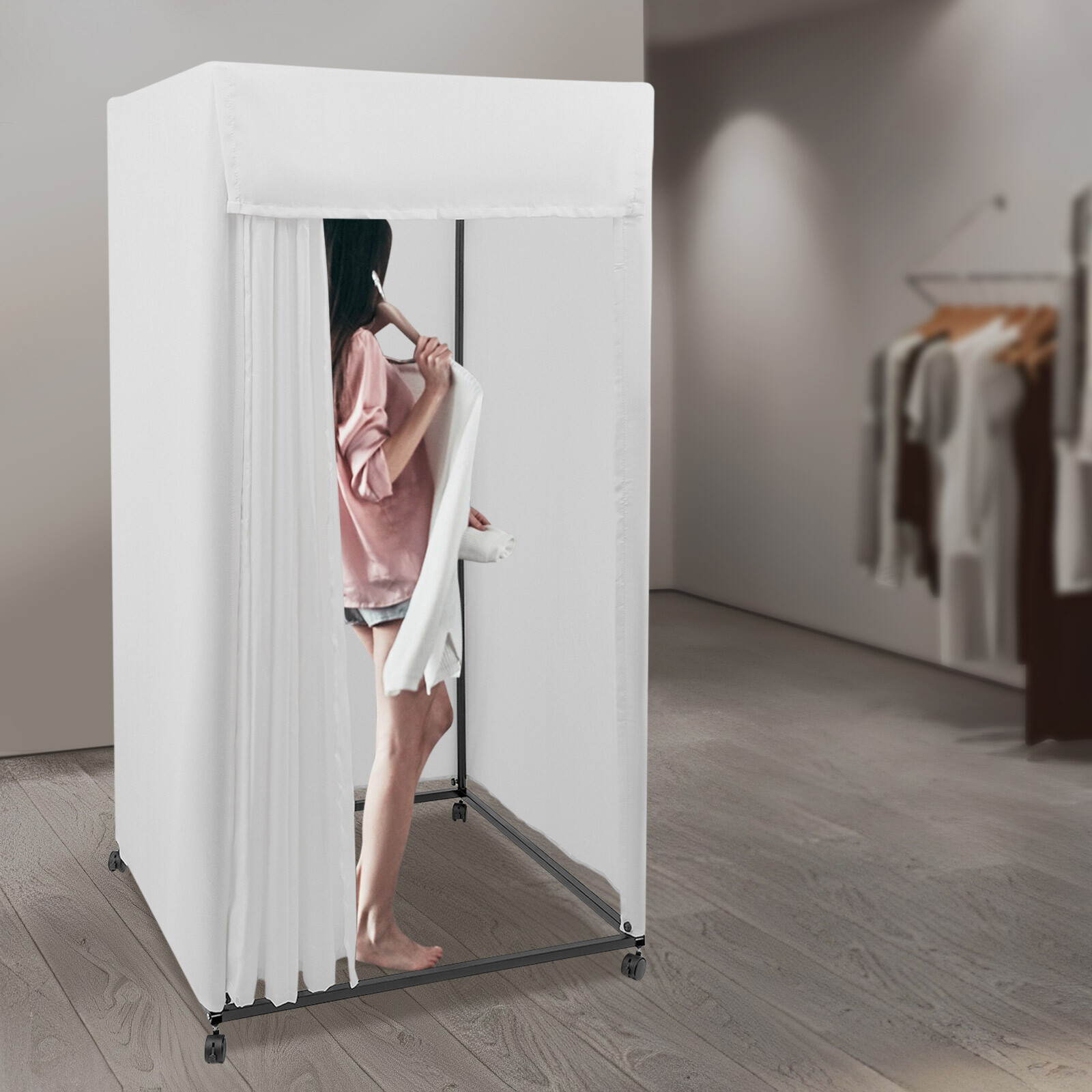4-Wheels Portable Rectangular Dressing Room Freestanding Fitting Room Movable