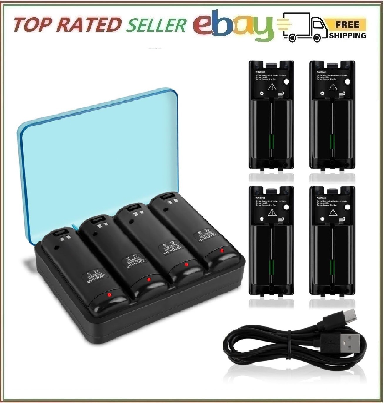 Wii Remote Charger Station with 4-Pack 2800mAh Rechargeable Batteries  USB
