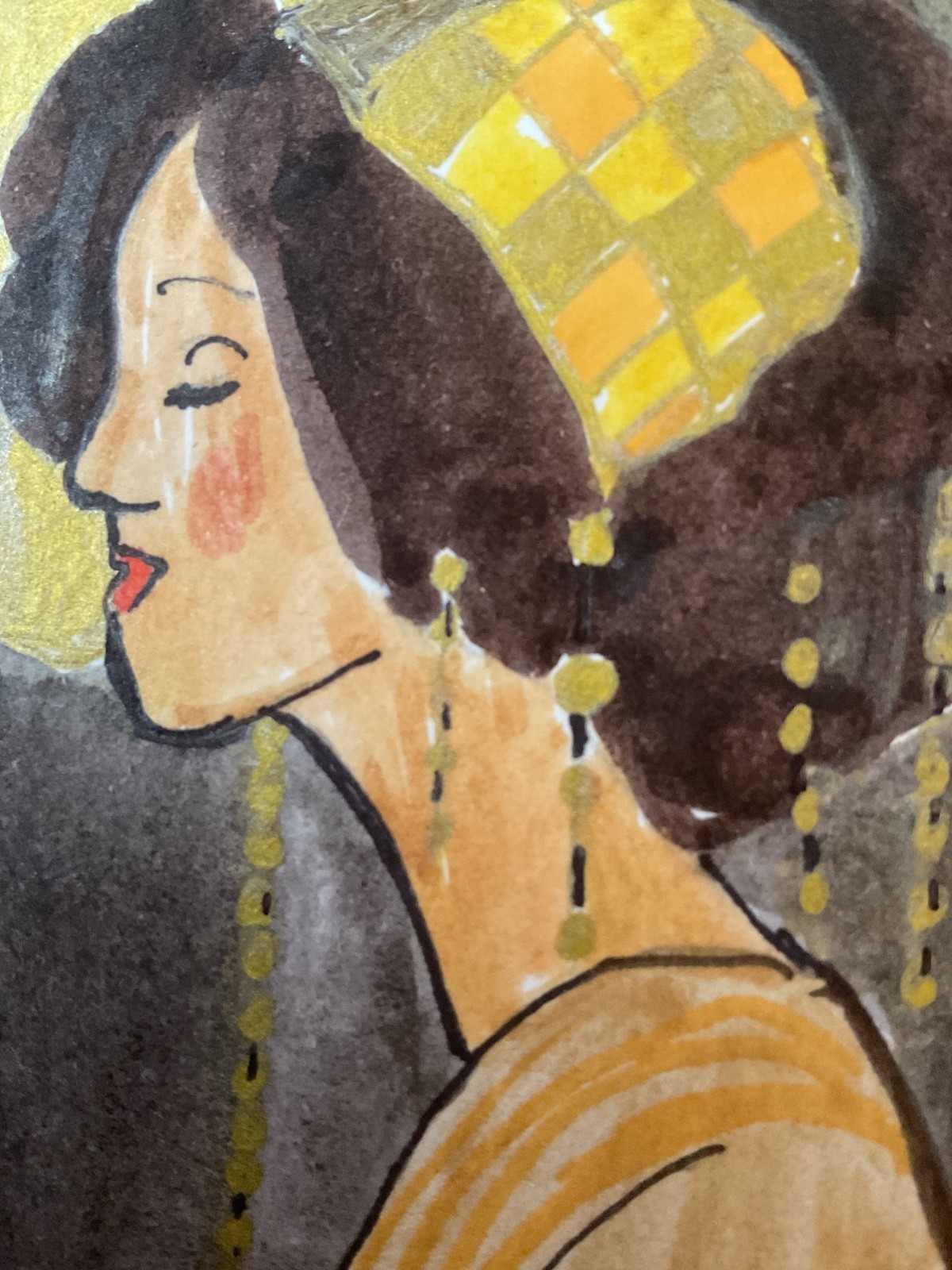 ACEO watercolor art by PJ, art card 2.5 x 3.5: lady in gold tones.