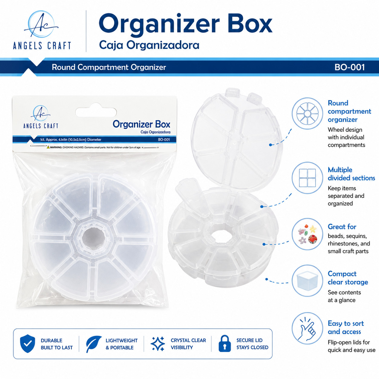 Angels Craft Clear Round Wheel Compartment Organizer Box
