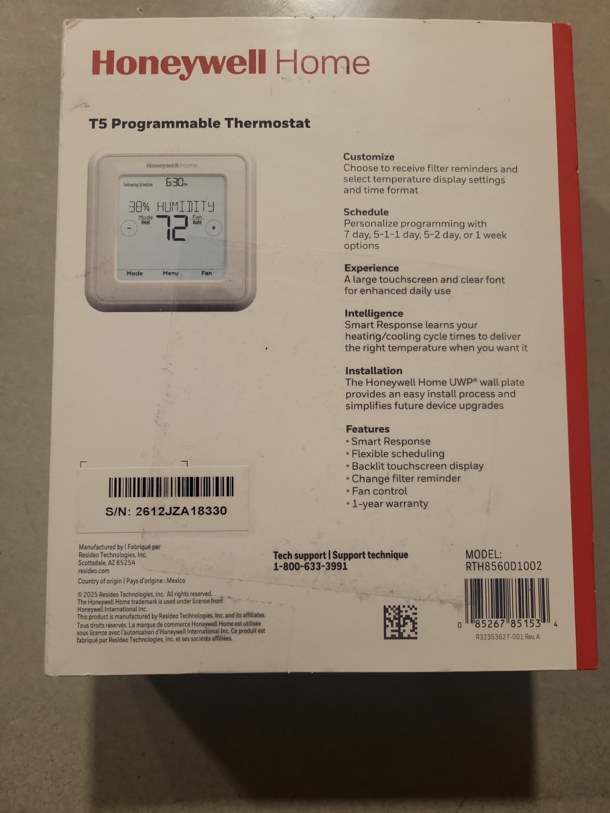 HONEYWELL HOME T5 Programmable TOUCHSCREEN Thermostat RTH8560D