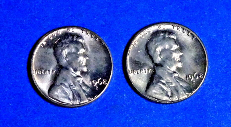 TWO 1968-S LINCOLN MEMORIAL CENT (PENNY) RED BU UNCIRCULATED "U-GRADE" NICE #8