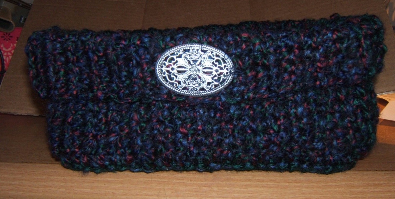 Handmade  Crochet Basket 7" x 10" x 4" Navy/Red Tweed