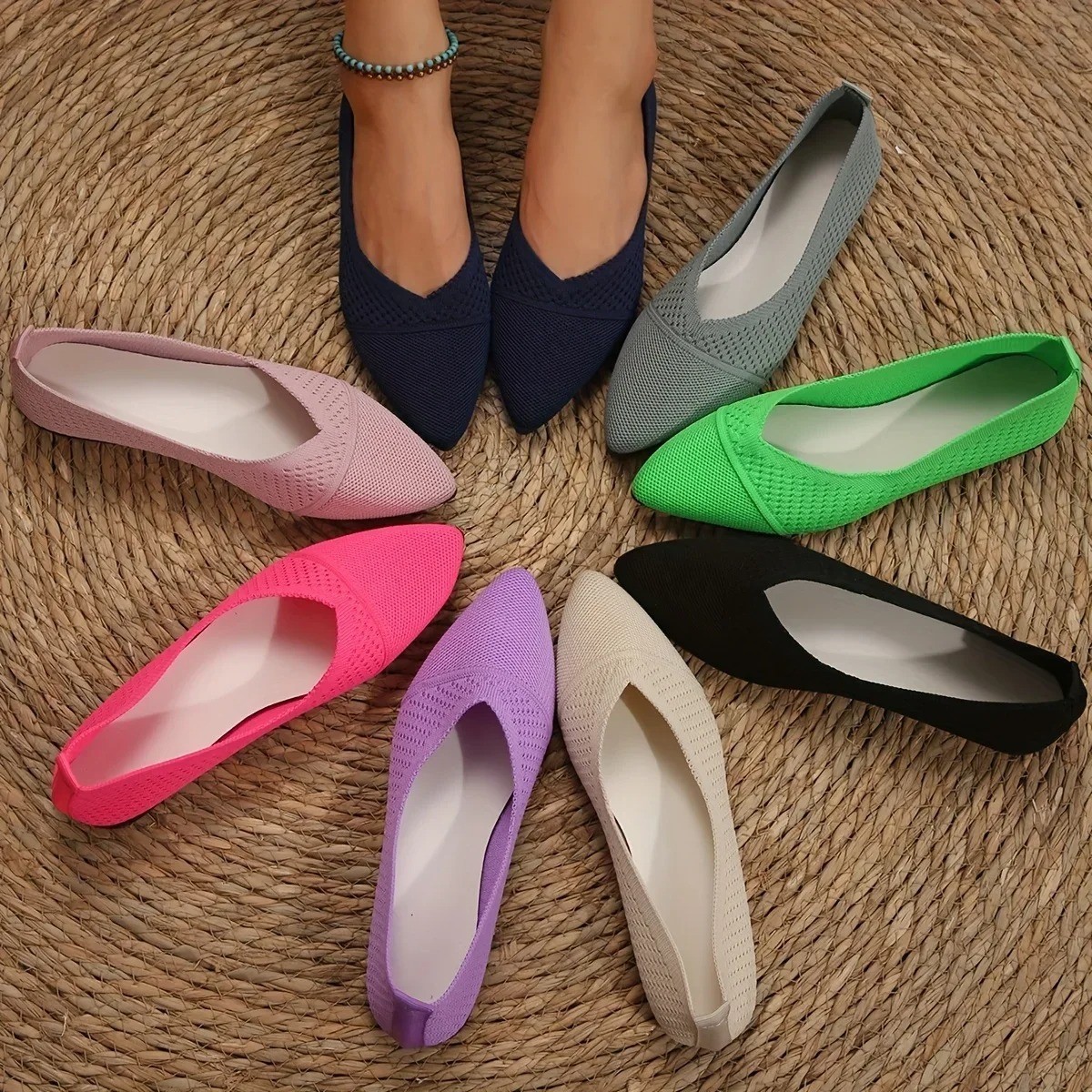 Women's Knit Slip-On Flats Pointed Toe Breathable Casual Loafers Shoes