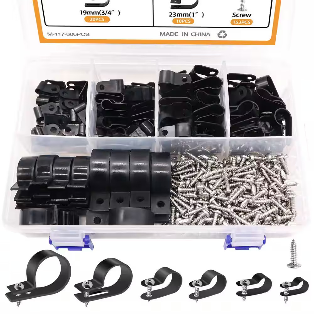 Wire Clips Assortment Kit R-Type Nylon Plastic Cable Clamps with Screws for Mana