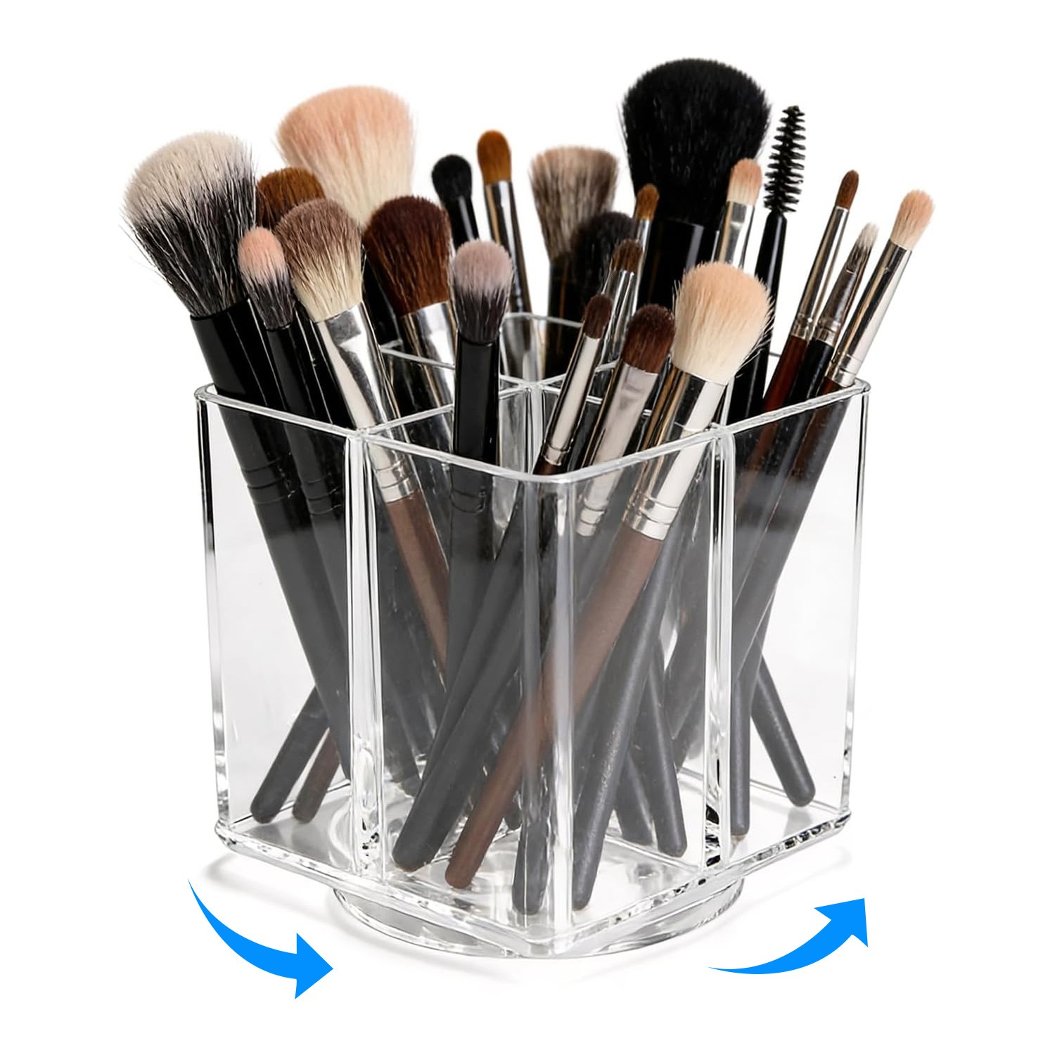 360° Rotating Clear Acrylic 4-Compartment Organizer for Cosmetics & Brushes