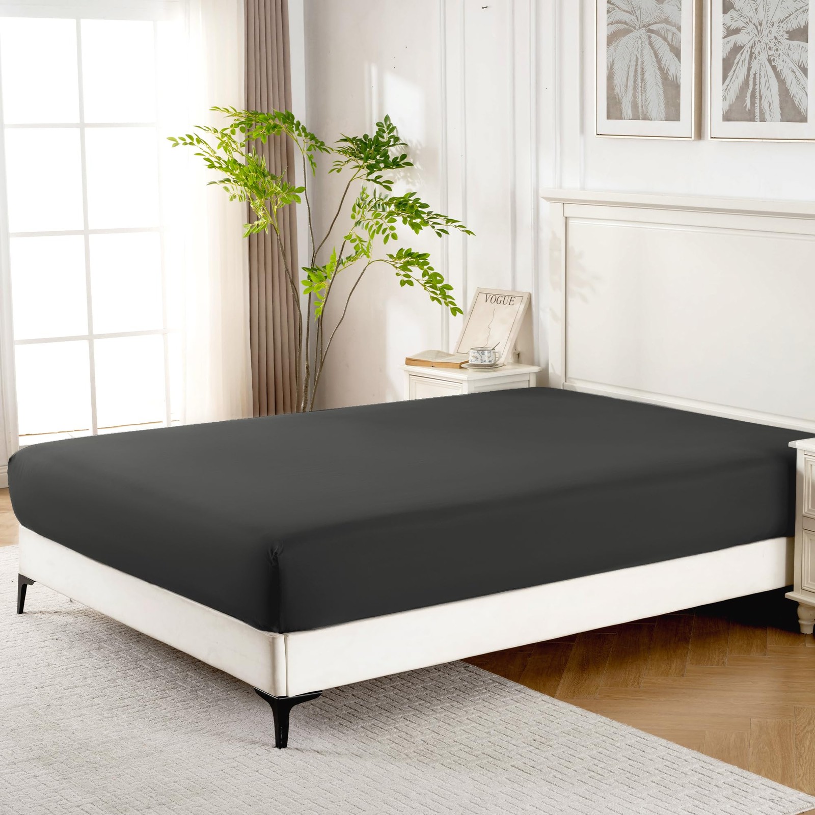 Black Twin Fitted Sheet 1 PC Soft Breathable Cooling 16 Inch Deep Pocket Bed