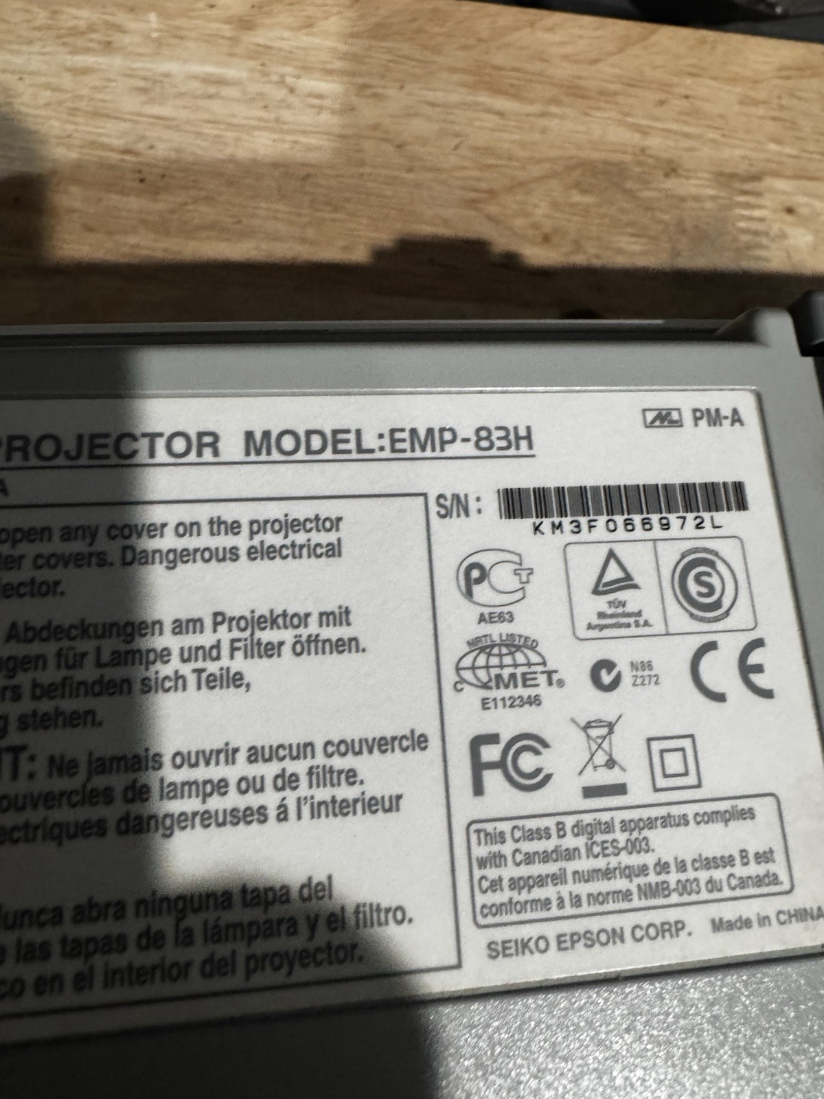 Epson Powerlite 83 Model Emp-83H