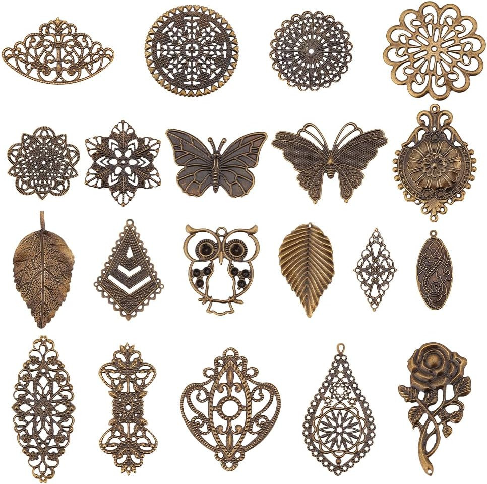 120Pcs Filigree Metal Embellishments 19 Style Filigree Connectors Charms Antique