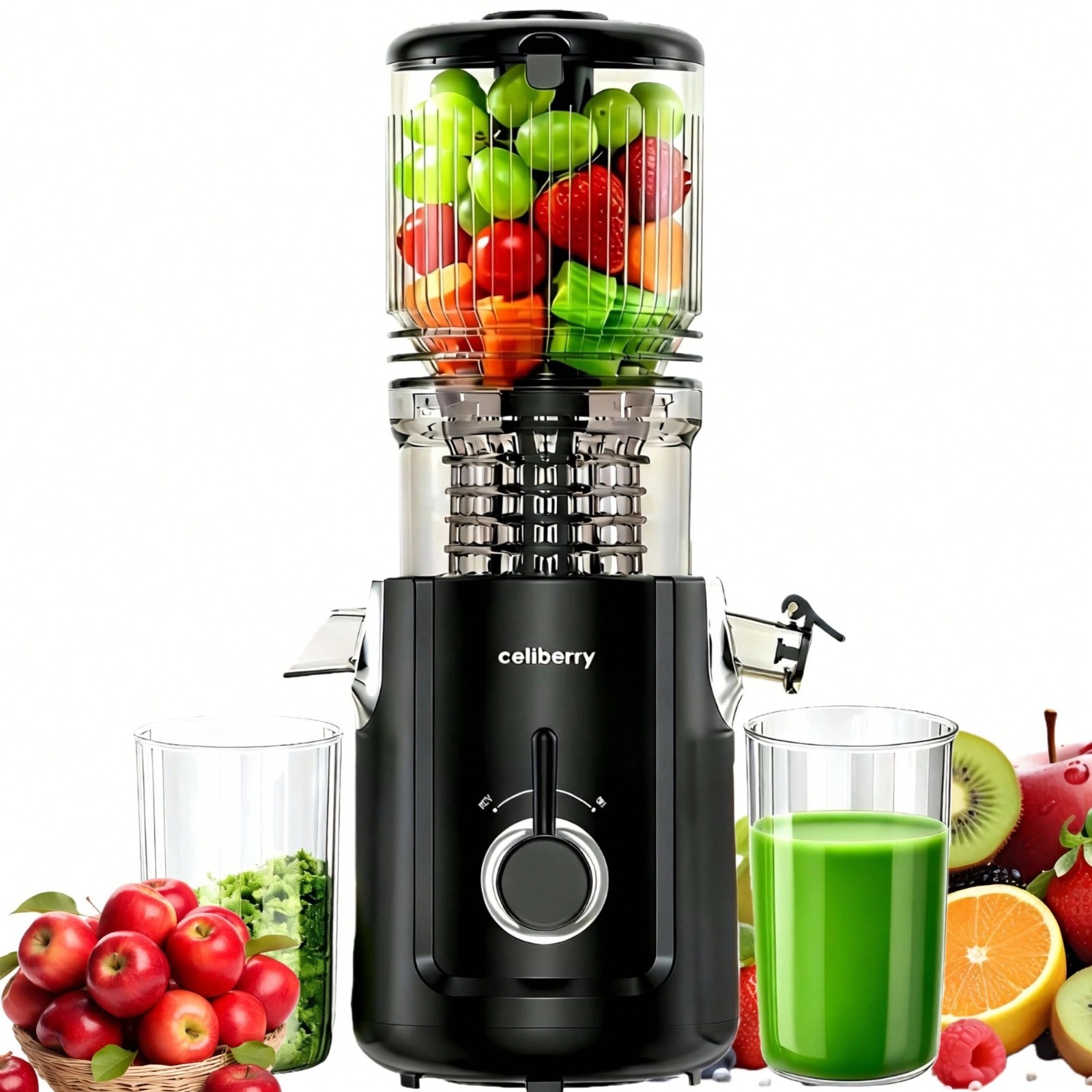 Celiberry Cold Press Juicer 5.3" Large Feed Chute Slow Masticating 300W 99% Yiel