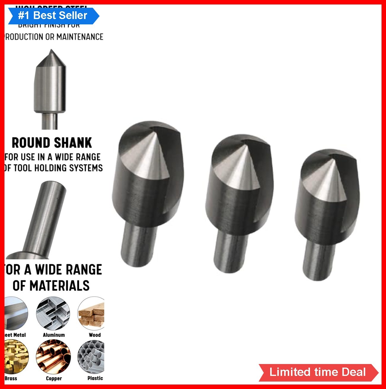 3 Piece Single Flute Countersink Set 1/4 3/8 1/2 Inch 82 Degree HSS For Wood