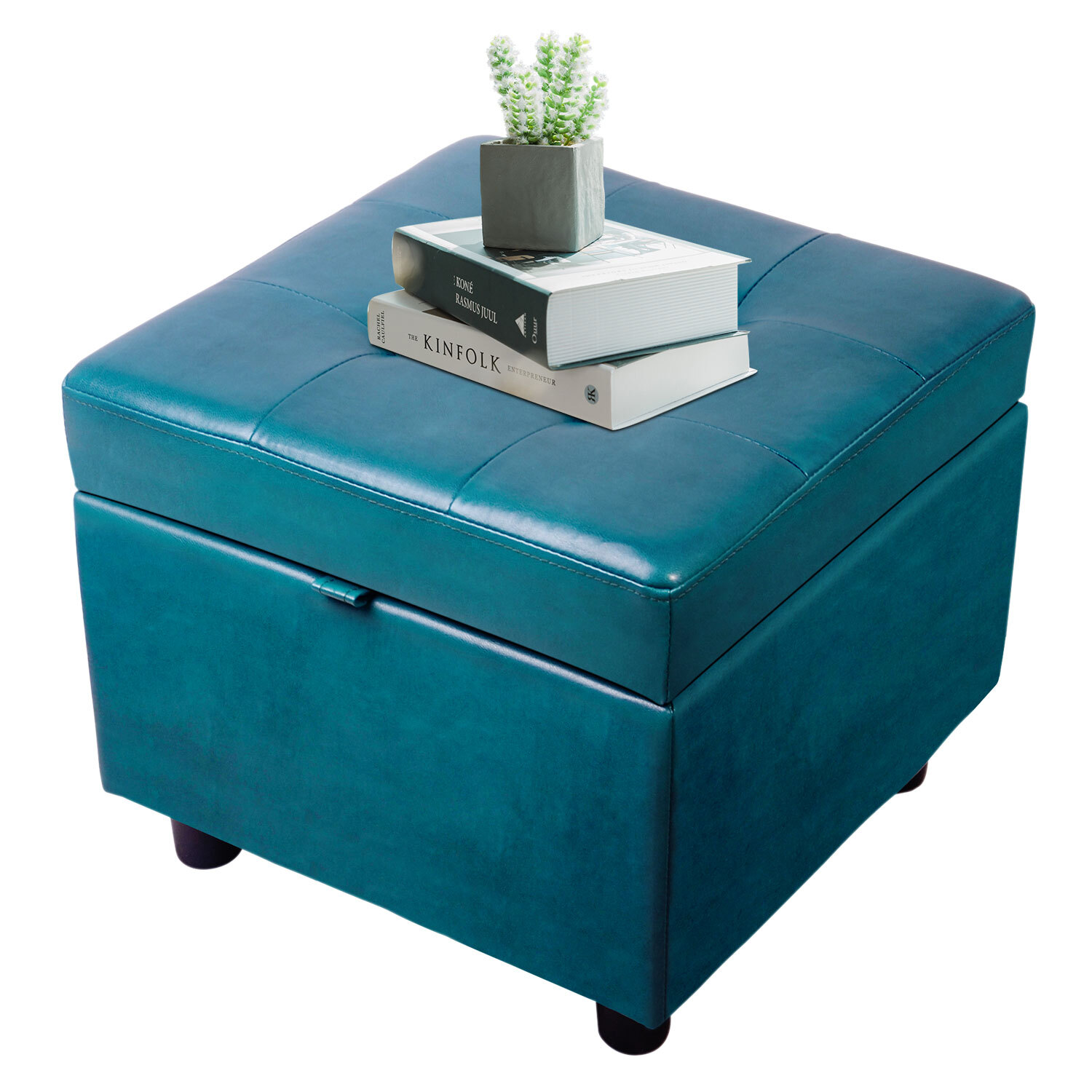 Leather Square Flip Top Storage Ottoman Cube Foot Rest Peacock Blue with Storage