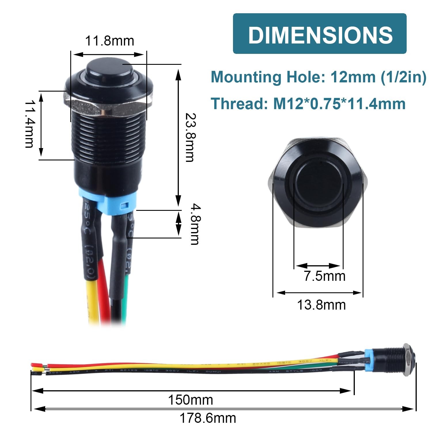 5Pcs 12mm Latching led Push Button Switch Black Shell with Shell, Red