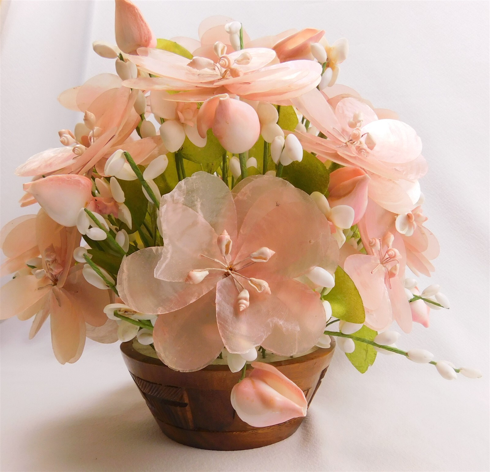 Vintage Capiz Shell Pink Accent Flower Bouquet in Wood Planter HAWAII