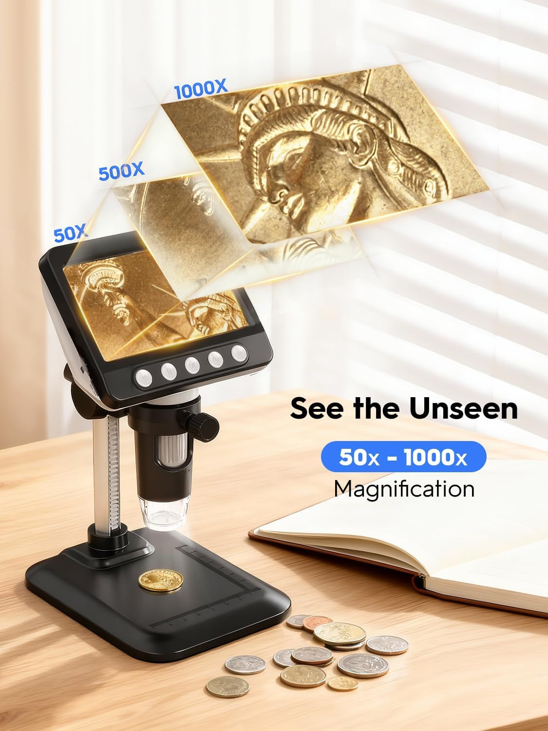 Coin Microscope, 4.3" LCD USB Digital Microscope 1000X Coin Magnifier with 8 Adj