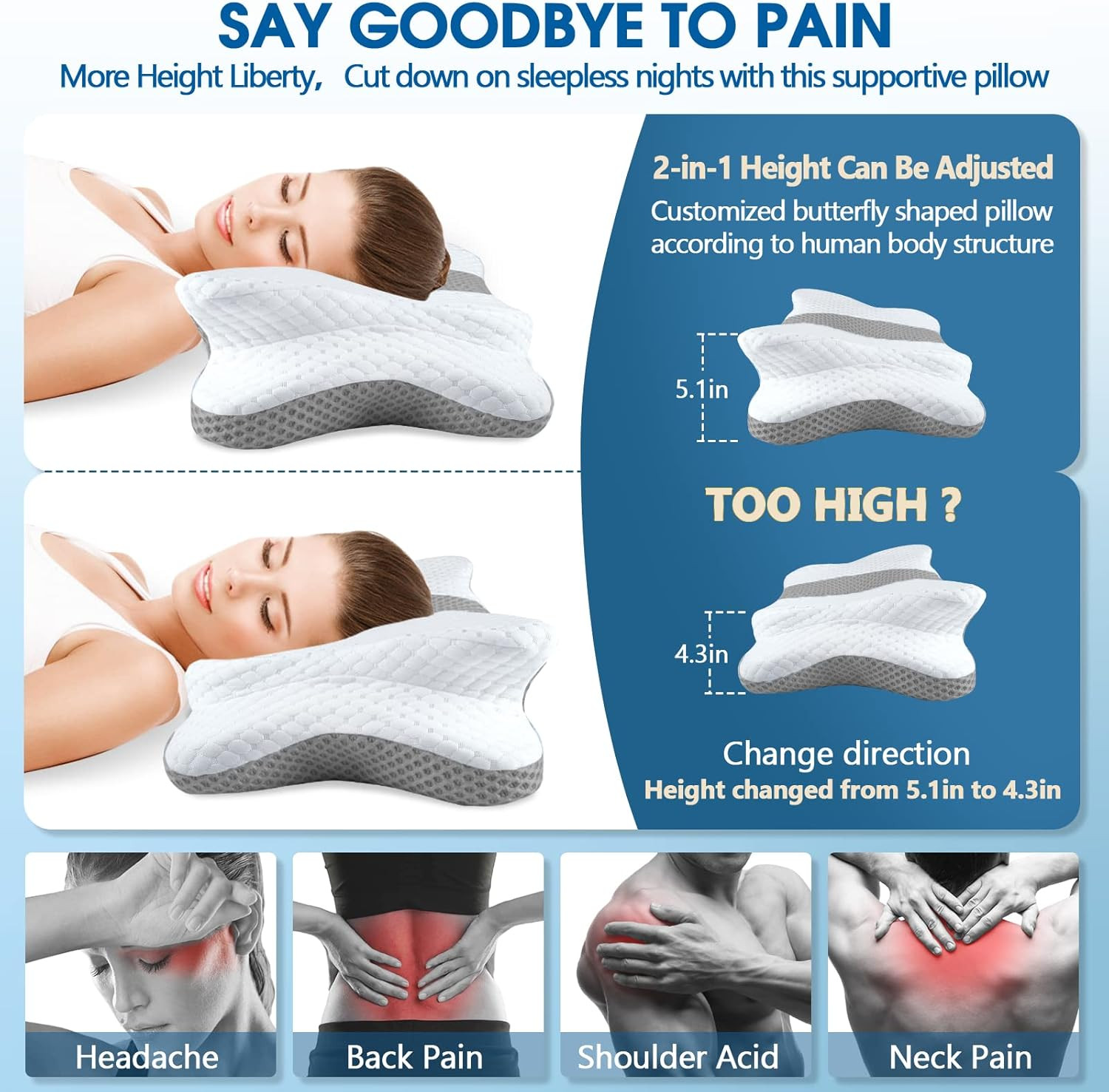 Cervical Neck Pillow for Pain Relief Sleeping, Memory Foam Pillows, Ergonomic Si