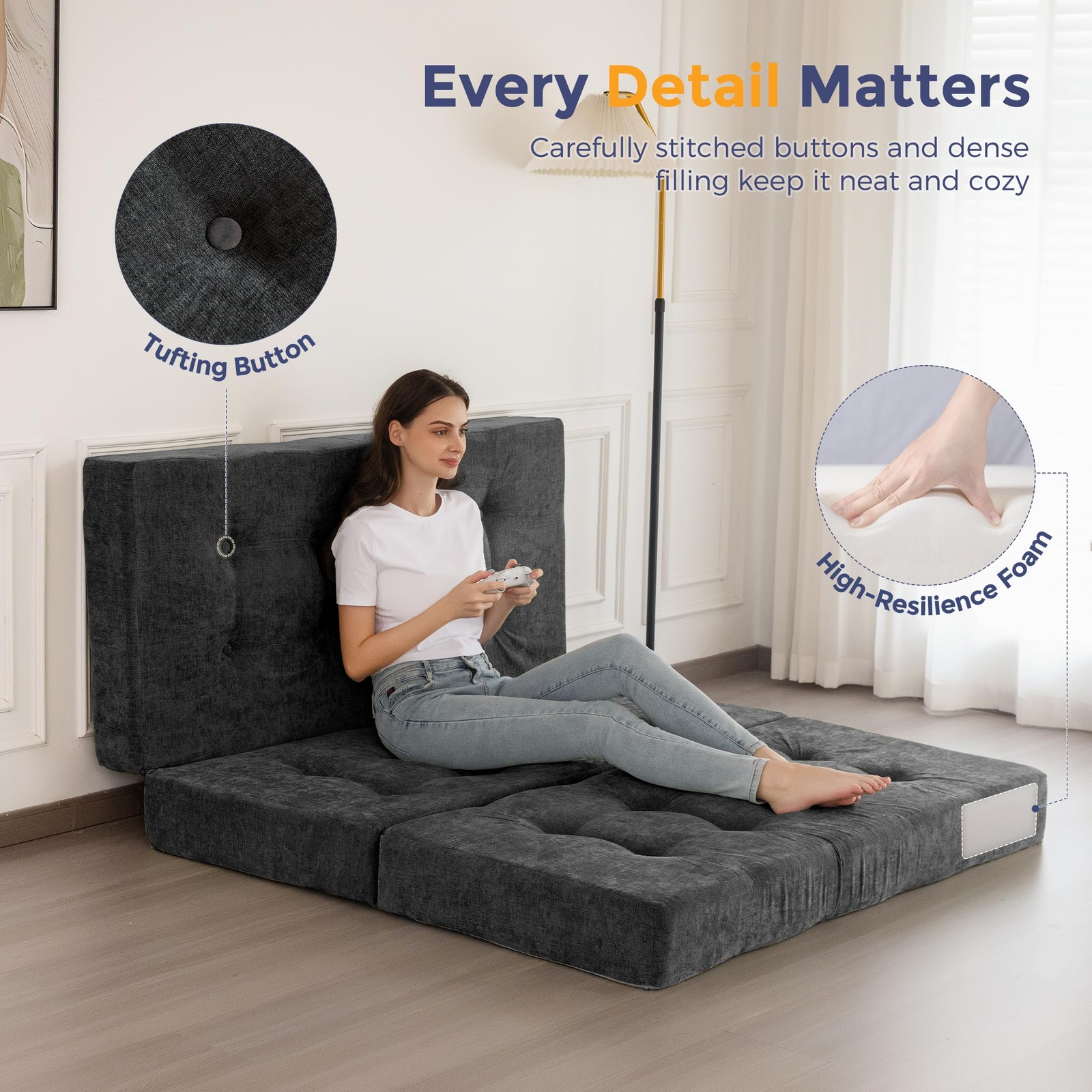 6" Folding Sofa Bed for Floor, Tufted Tri-Fold Floor Mattress with Chenille F...