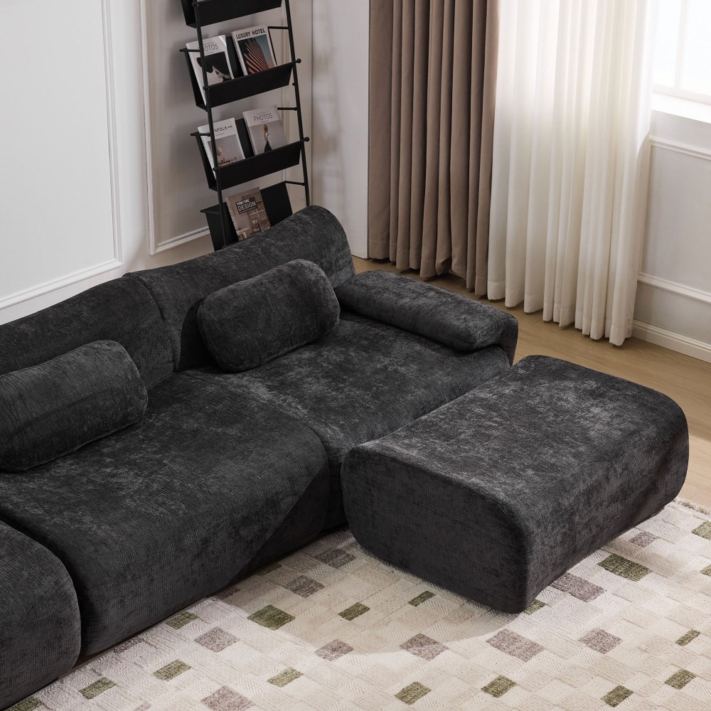 Modular Chenille Sofa 3-Seat Cushion Back Modern Upholstered Sectional, Black
