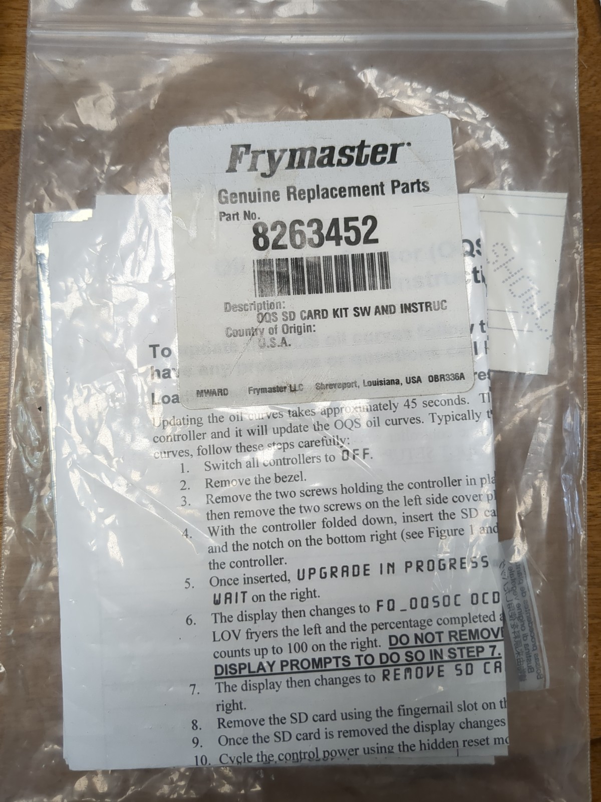 Frymaster 8263452 OQS Software Update Kit OEM New Includes USB & Sealed SD Card