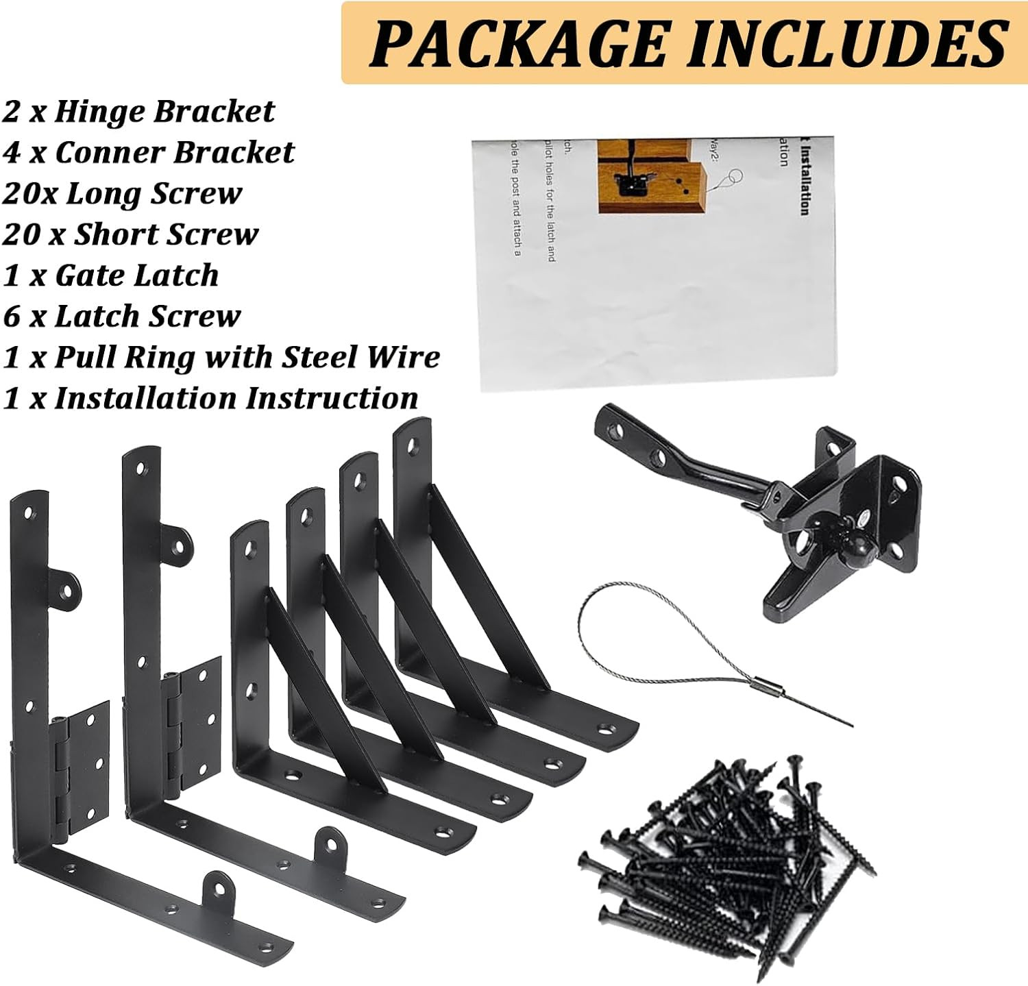 Heavy Duty Fence Gate Kit, Gate Corner Brace Bracket with a Self-Locking Gate La